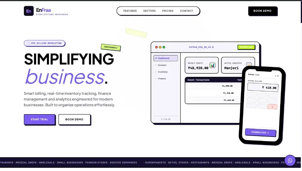 Enfraa website homepage with the headline "Simplifying business" next to a dashboard and phone app mockup