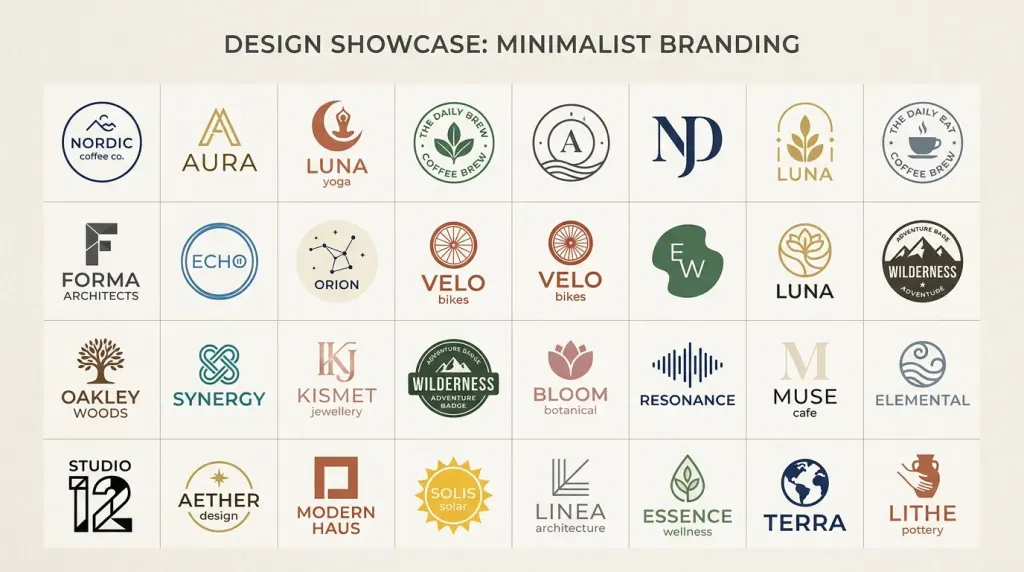 Grid of minimalist logo designs on a light background titled "Design showcase: minimalist branding"