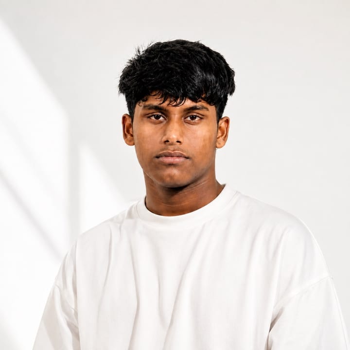 Muhammed Ajlan in an oversized white T-shirt against a white wall, with soft window light and shadows across the wall