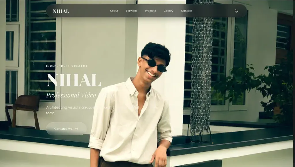 Homepage of the Nihal portfolio website with a large name title and a photo of Nihal