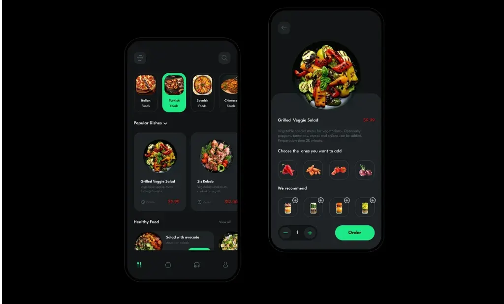 Two dark mobile app screens of a restaurant menu showing food dishes and an order button