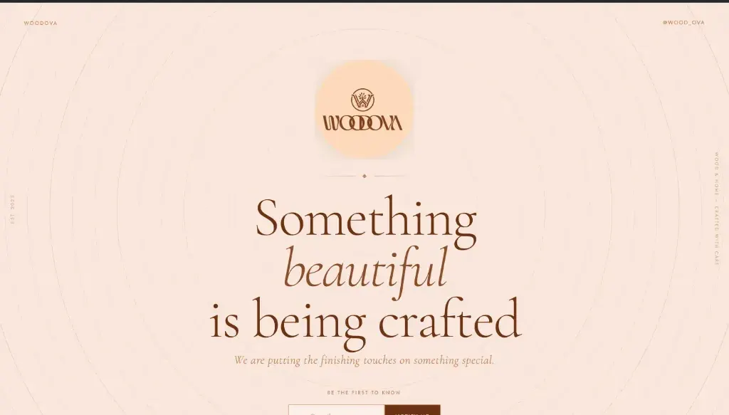 Woodova coming-soon page in soft peach tones with the line "Something beautiful is being crafted"